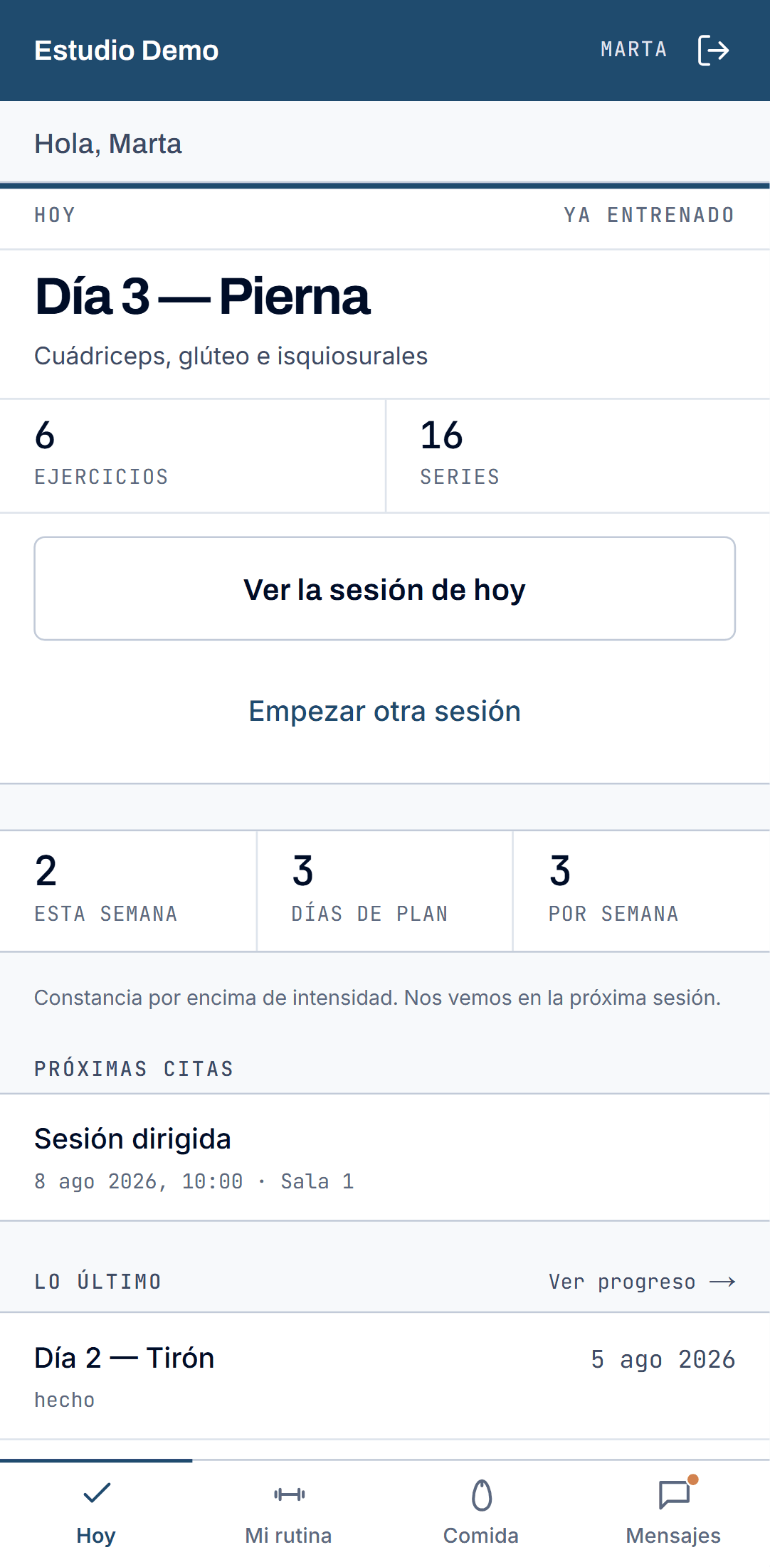 Pantalla de inicio de la aplicación del deportista con el entrenamiento del día